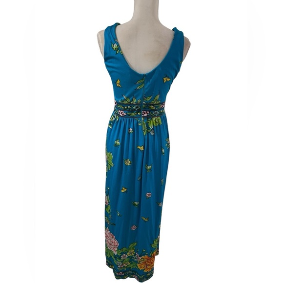 Vintage 60s bohemian Floral Blue sleeveless Maxi Dress Size 6 fit - Picture 4 of 7